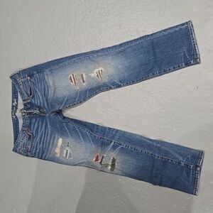 American Eagle Outfitters Blue Straight Leg Jeans with Distressed Details